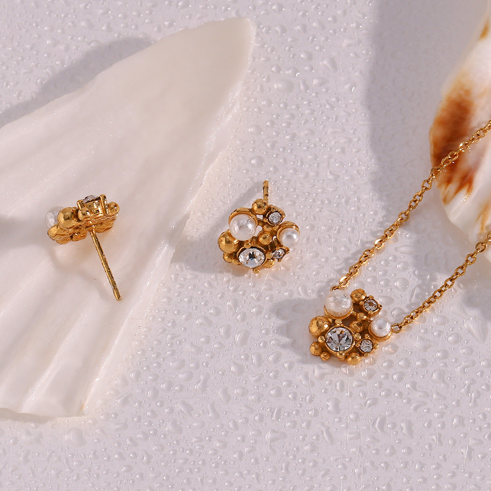 Floral Pearl and Crystal Stud Earrings | 18K Gold-Plated Stainless Steel