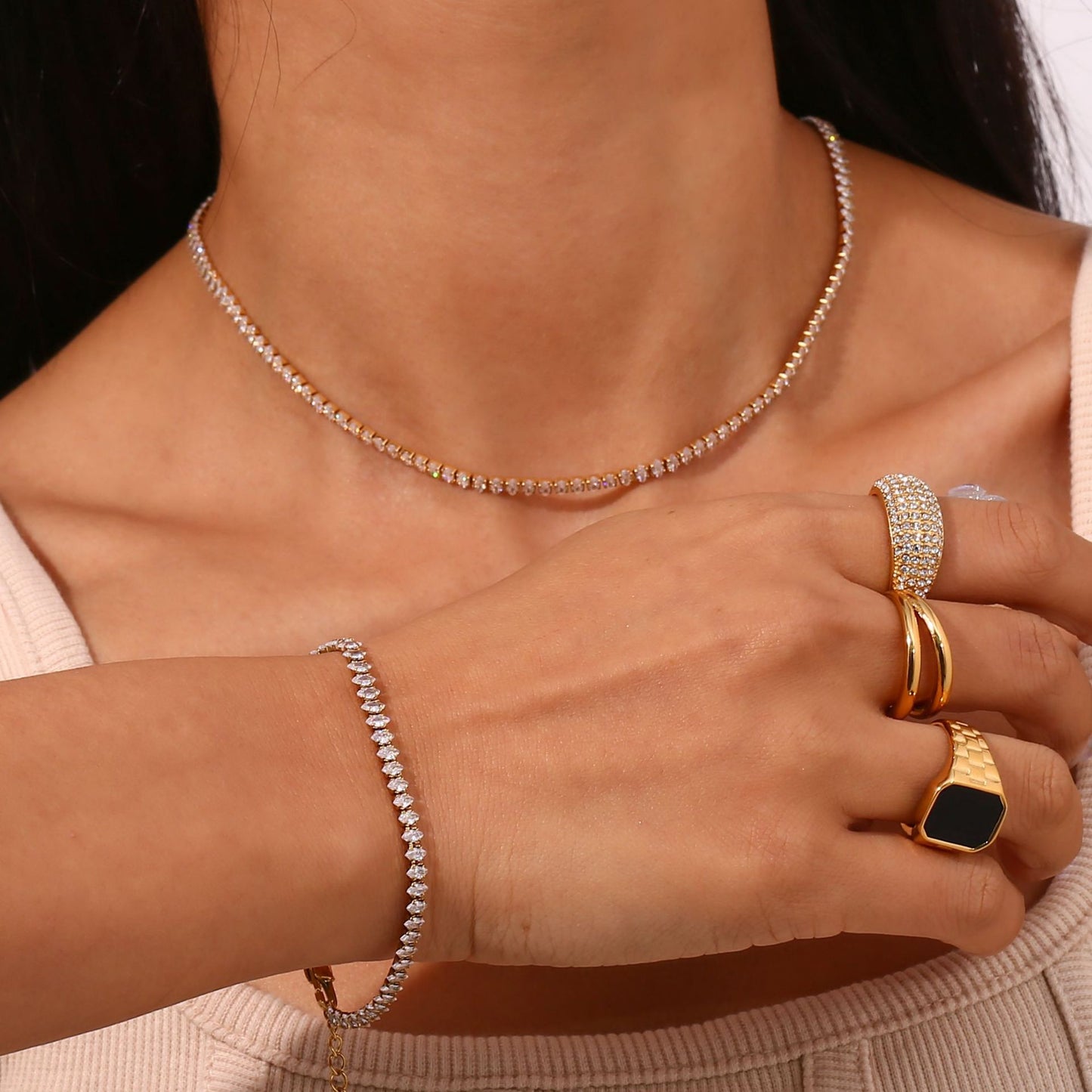 18K gold plated tennis bracelet with high-clarity round-cut zircon stones – STUD