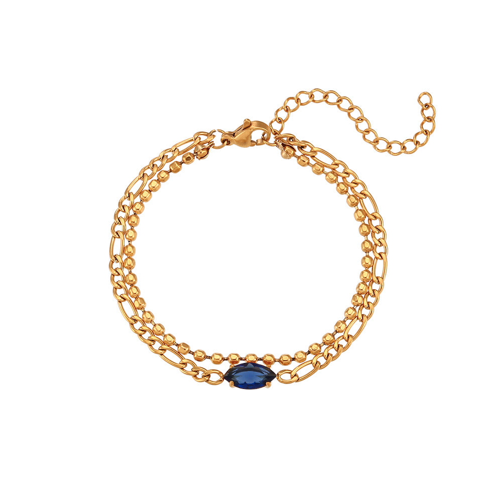 Simple Double-Layer Blue Zircon Figaro Chain Beaded Bracelet