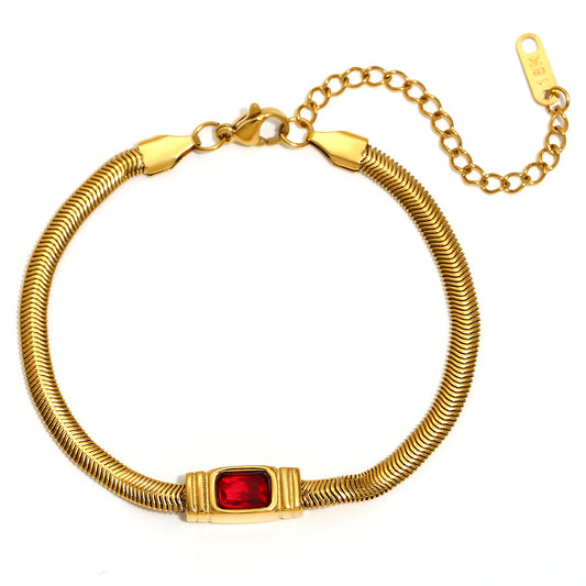 Red Zircon snake chain bracelet – bold vintage-style 18K gold-plated stainless steel with sparkling accent – durable glam jewelry by STUD (Shop Till You Drop)