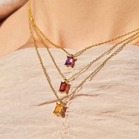 18K gold plated birthstone necklace with zircon rectangular pendant – STUD