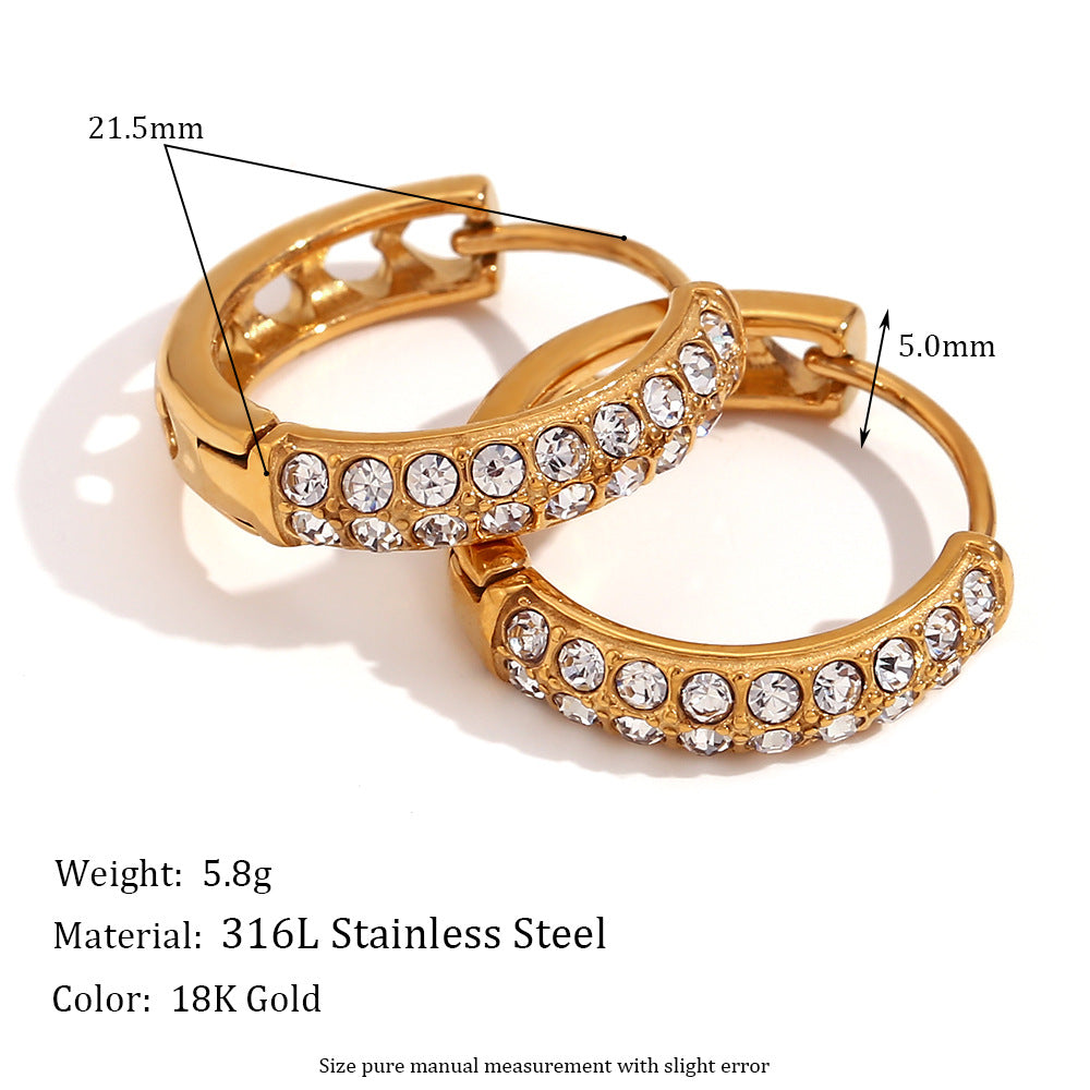 18K gold plated pavé hoop earrings with double-row crystals and heart cut-out back – STUD