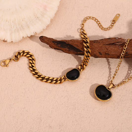 Black onyx heart Figaro bracelet – 18K gold-plated, waterproof, hypoallergenic by STUD (Shop Till You Drop)