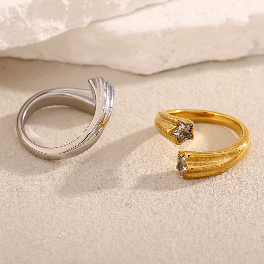 18K gold plated open band ring with round and star-cut zircon stones – STUD