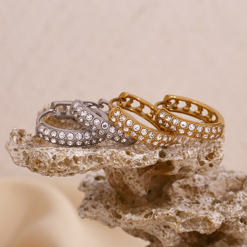 18K gold plated pavé hoop earrings with double-row crystals and heart cut-out back – STUD