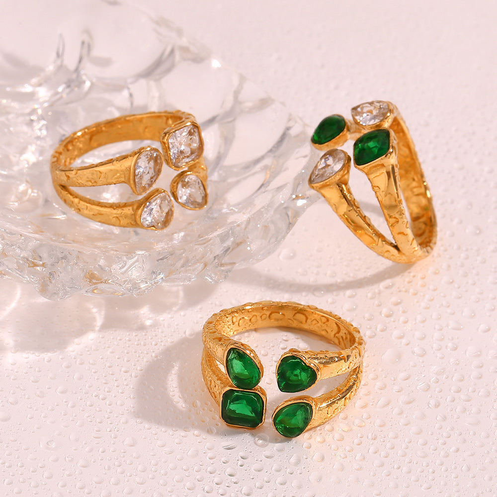 Elegant 18K Gold-Plated Double-Layer Heart & Teardrop Zircon Ring