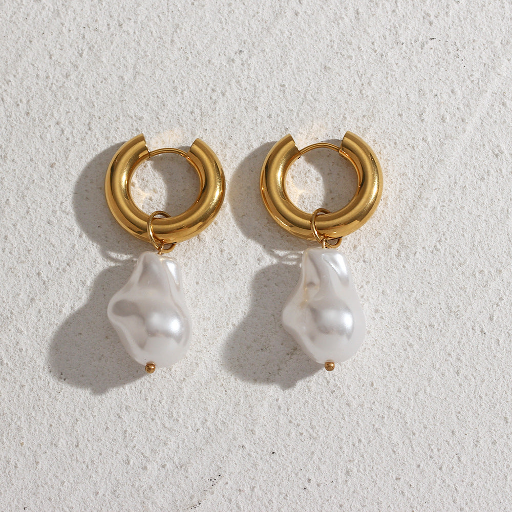 Close View of Elegant baroque pearl drop hoop earrings – 18K gold-plated, waterproof, statement design by STUD (Shop Till You Drop)
