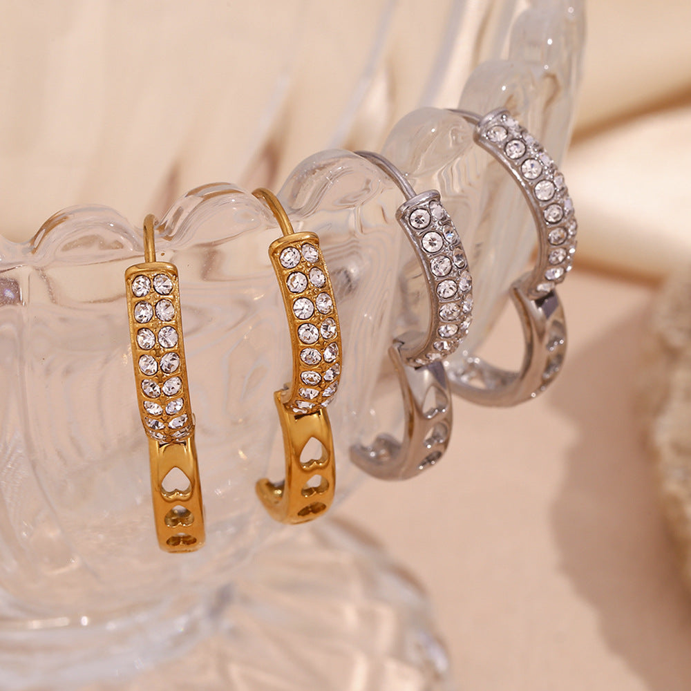 18K gold plated pavé hoop earrings with double-row crystals and heart cut-out back – STUD