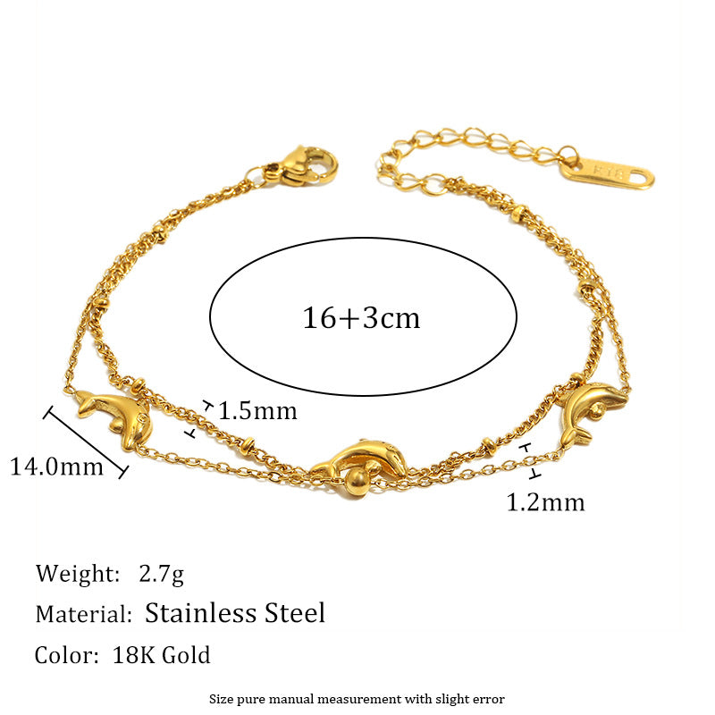 18K Gold Dolphin Double Chain Bracelet – Stainless Steel, Ocean-Inspired Jewelry