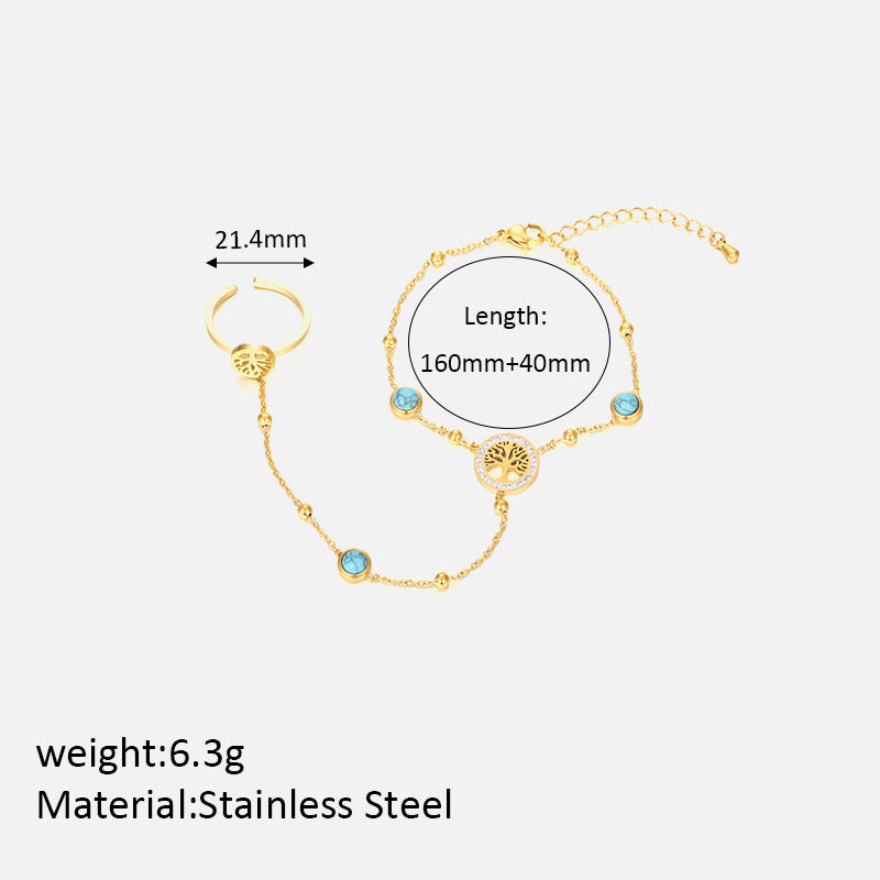 Size Details of Tree of Life hand chain bracelet with turquoise charm – gold plated and symbolic – STUD