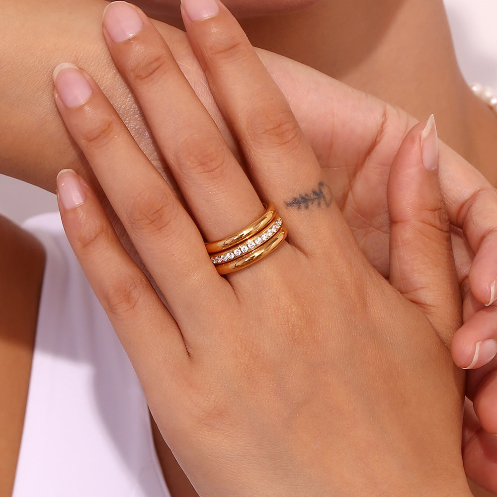 Minimalist gold zircon ring set – 3-piece 18K gold-plated stainless steel bands with stackable sparkle – by STUD (Shop Till You Drop)