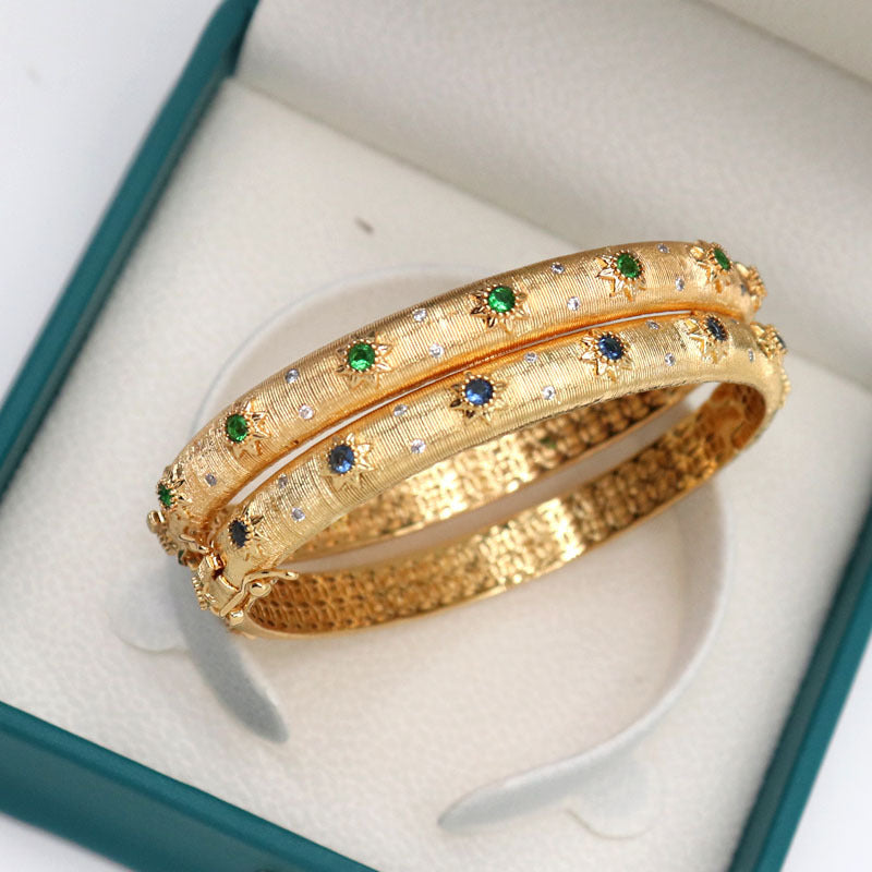 18K gold plated open bangle with blue gemstone inlay – waterproof & traditional design by STUD