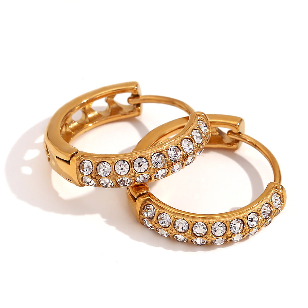 18K gold plated pavé hoop earrings with double-row crystals and heart cut-out back – STUD