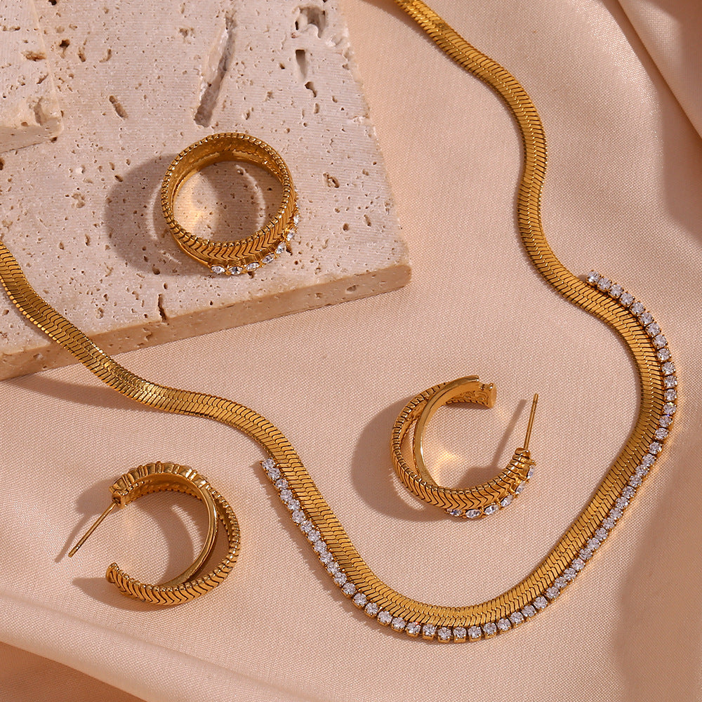 Minimalist Fishbone 18K Gold Plated with Zircon Ring