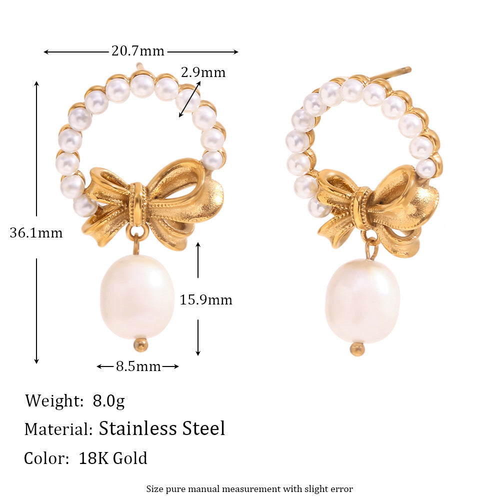 18K gold plated pearl bow drop earrings with vintage textured bow – STUD