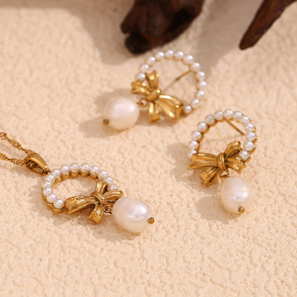 18K gold plated pearl bow drop earrings with vintage textured bow – STUD