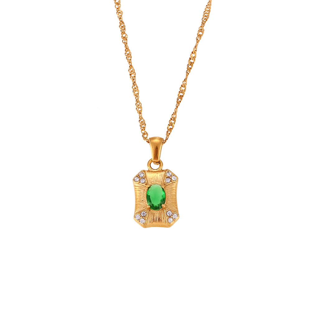 Geometric rectangle pendant necklace with green zircon – waterproof stainless steel design by STUD-Shop Till You Drop