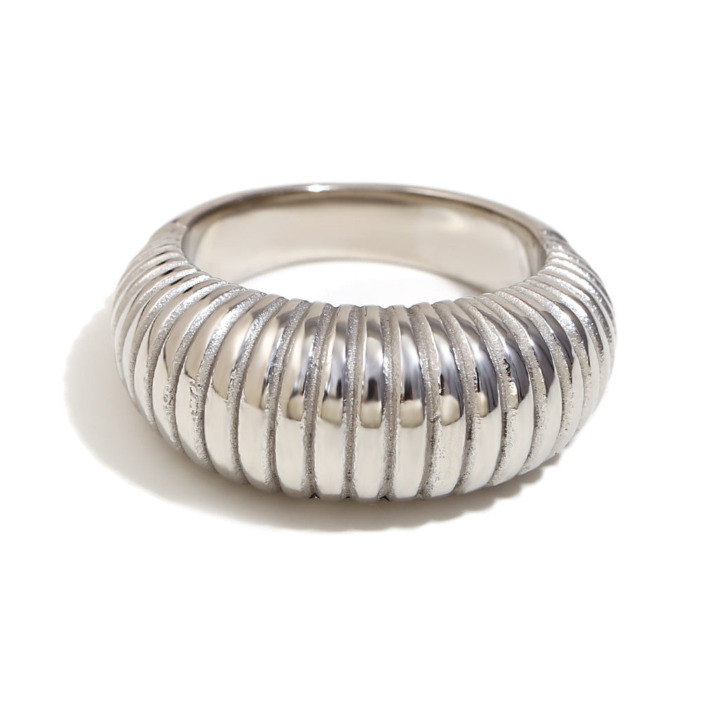 Close up view of Bulky silver statement ring – 18K gold-plated stainless steel with long bread design – retro-modern jewelry by STUD (Shop Till You Drop)