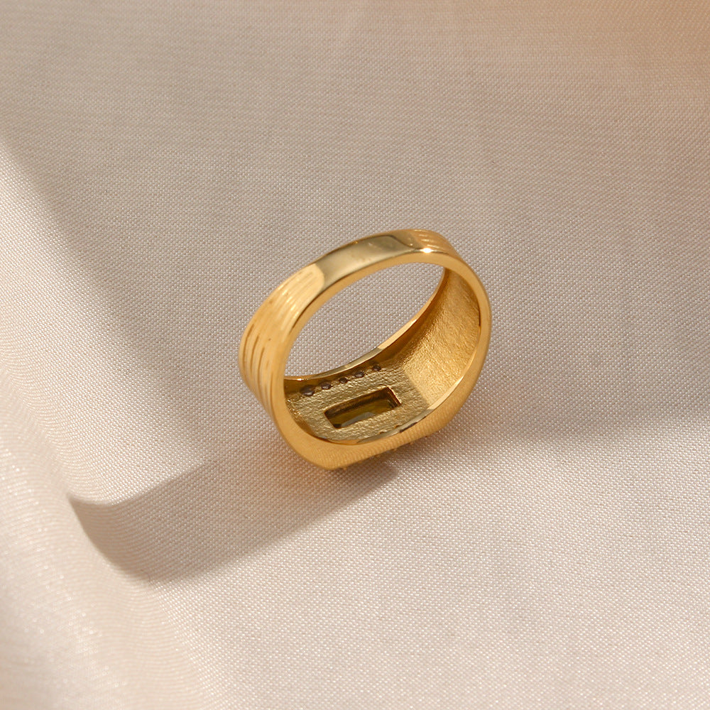 Rear view of Rectangular green zircon ring – minimalist 18K gold-plated stainless steel band with polished finish – geometric statement jewelry by STUD (Shop Till You Drop)