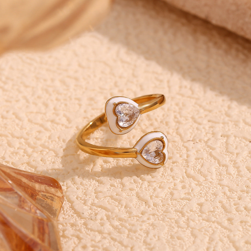 18K Gold-Plated white Heart Enamel Open Ring with Zircon