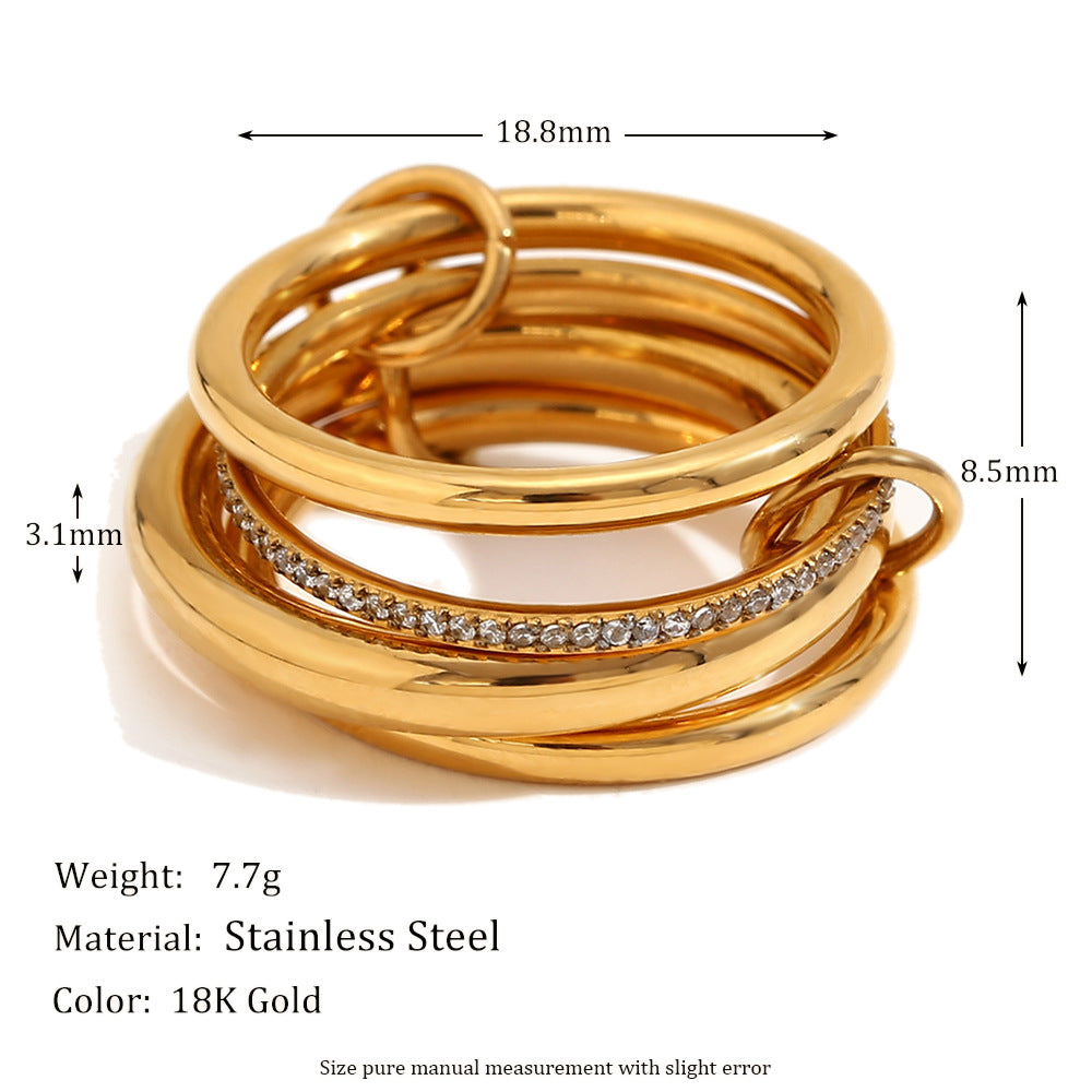 18K gold plated layered statement ring with 4 interlocked bands and zircon detailing – STUD