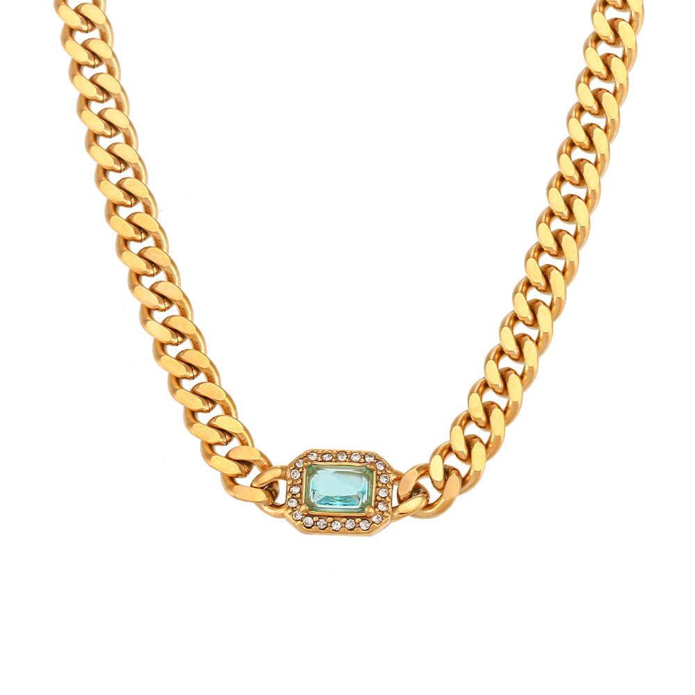 Close View of Cuban chain necklace with pearl & zircon stones – waterproof stainless steel design by STUD-Shop Till You Drop