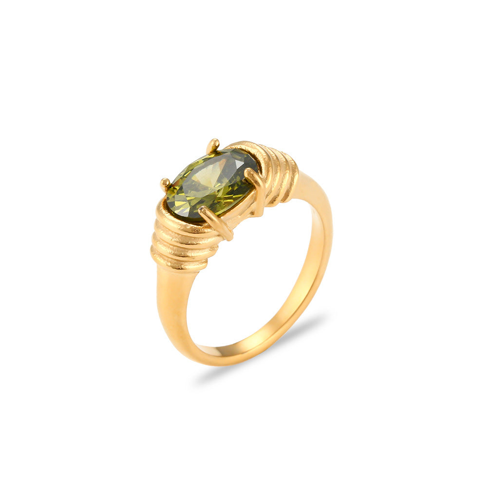 18K gold plated emerald green zircon oval ring with coiled band – STUD