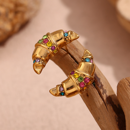 18K gold-plated croissant earrings with colorful rhinestones – waterproof, hypoallergenic by STUD (Shop Till You Drop)