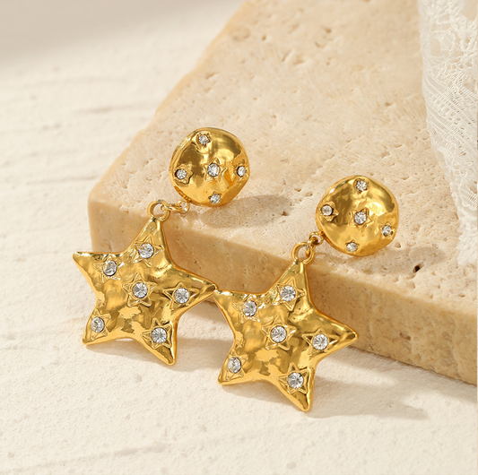 Close View of Golden Glam 14K gold-plated star earrings with zirconia – waterproof, hypoallergenic by STUD (Shop Till You Drop)