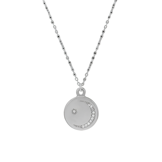 Close View of Silver star and moon necklace with zirconia – waterproof celestial design by STUD-Shop Till You Drop