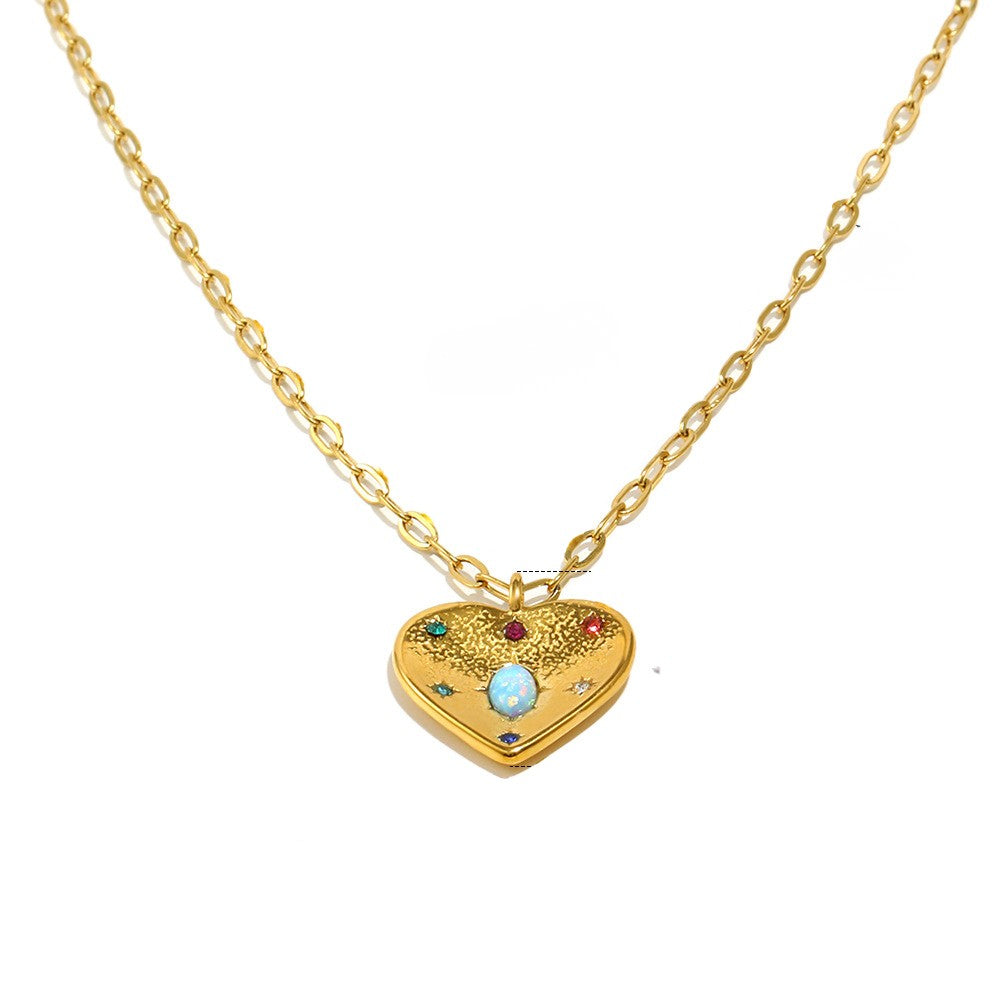 STUD 18K gold-plated stainless steel heart necklace with opal and colorful zircon stones