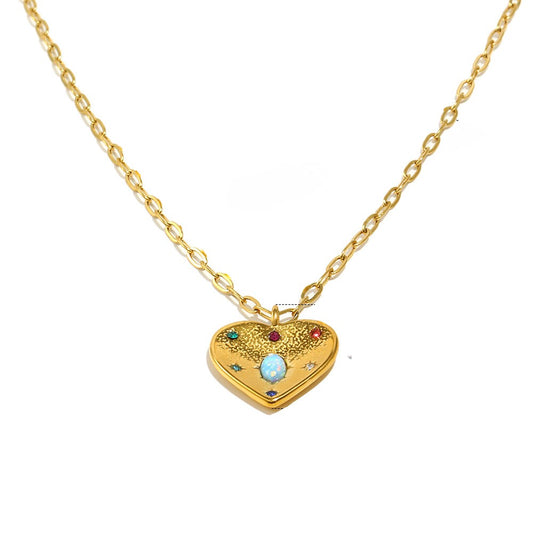 STUD 18K gold-plated stainless steel heart necklace with opal and colorful zircon stones