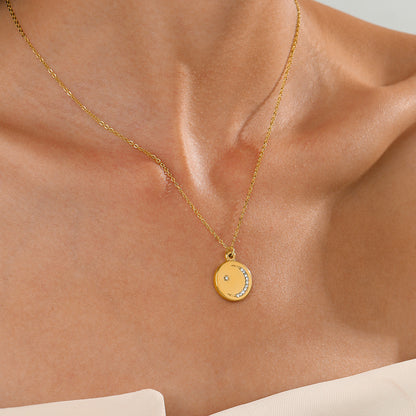 Model Wearing Star and moon pendant necklace with zirconia – 14K gold plated by STUD-Shop Till You Drop
