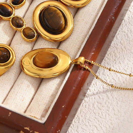 18K gold-plated chunky oval dome pendant necklace with natural tiger eye stone on a delicate satellite chain, vintage statement jewelry for women, 39mm