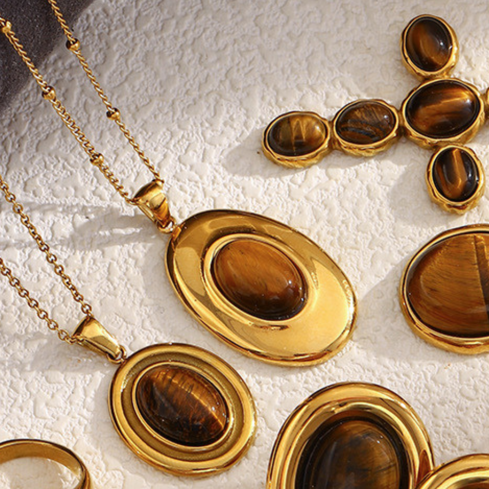 18K gold-plated chunky oval dome pendant necklace with natural tiger eye stone on a delicate satellite chain, vintage statement jewelry for women, 39mm