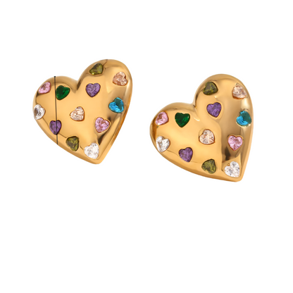 Close-up of multicolor zircon heart beaded earrings