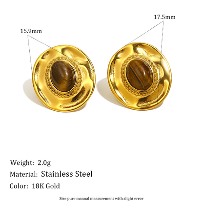 18K gold-plated sculptural disc stud earrings with natural tiger eye oval stone center, vintage-modern luxury jewelry for women, 15.9mm