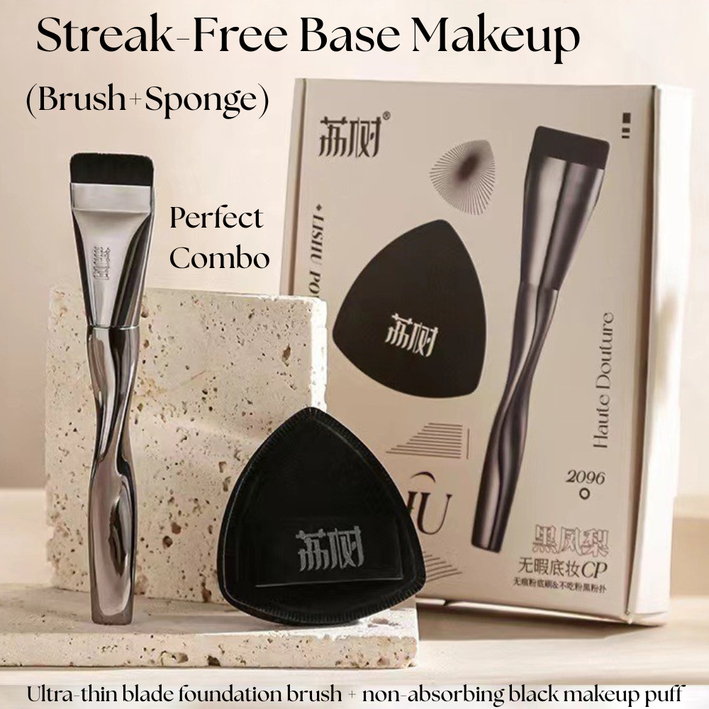 Lishu Black Makeup Puff with Blade Foundation Brush – Perfect Duo for Smooth Base