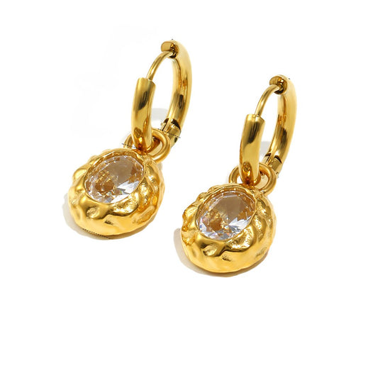 STUD 18K gold-plated stainless steel hammered oval hoop earrings with champagne zircon stone