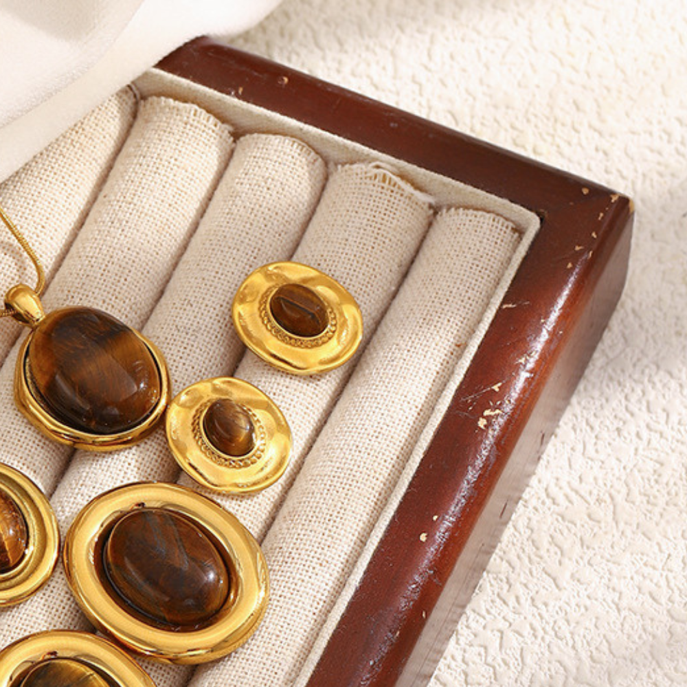 18K gold-plated sculptural disc stud earrings with natural tiger eye oval stone center, vintage-modern luxury jewelry for women, 15.9mm