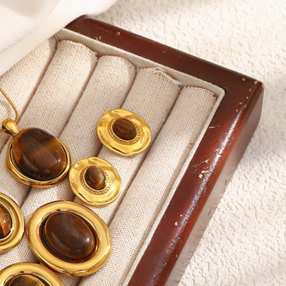18K gold-plated sculptural disc stud earrings with natural tiger eye oval stone center, vintage-modern luxury jewelry for women, 15.9mm