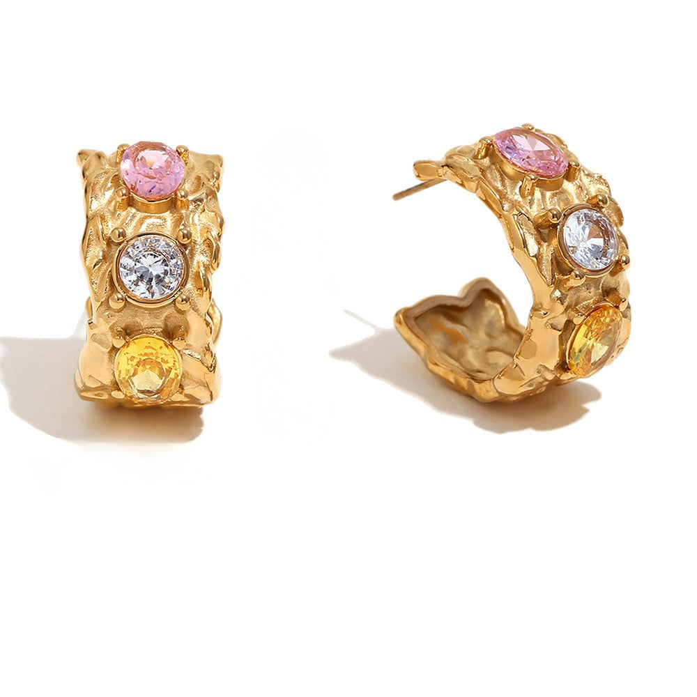 STUD 18K gold-plated sculpted earrings with multicolor zircon stones