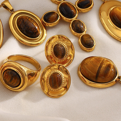 18K gold-plated sculptural disc stud earrings with natural tiger eye oval stone center, vintage-modern luxury jewelry for women, 15.9mm