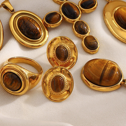 18K gold-plated sculptural disc stud earrings with natural tiger eye oval stone center, vintage-modern luxury jewelry for women, 15.9mm