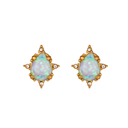 Close View of Gold waterdrop earrings with blue opal stone – vintage style, hypoallergenic by STUD (Shop Till You Drop)