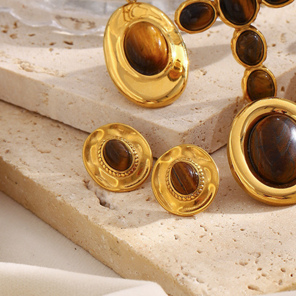 18K gold-plated sculptural disc stud earrings with natural tiger eye oval stone center, vintage-modern luxury jewelry for women, 15.9mm