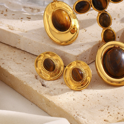 18K gold-plated sculptural disc stud earrings with natural tiger eye oval stone center, vintage-modern luxury jewelry for women, 15.9mm