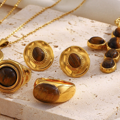 18K gold-plated sculptural disc stud earrings with natural tiger eye oval stone center, vintage-modern luxury jewelry for women, 15.9mm