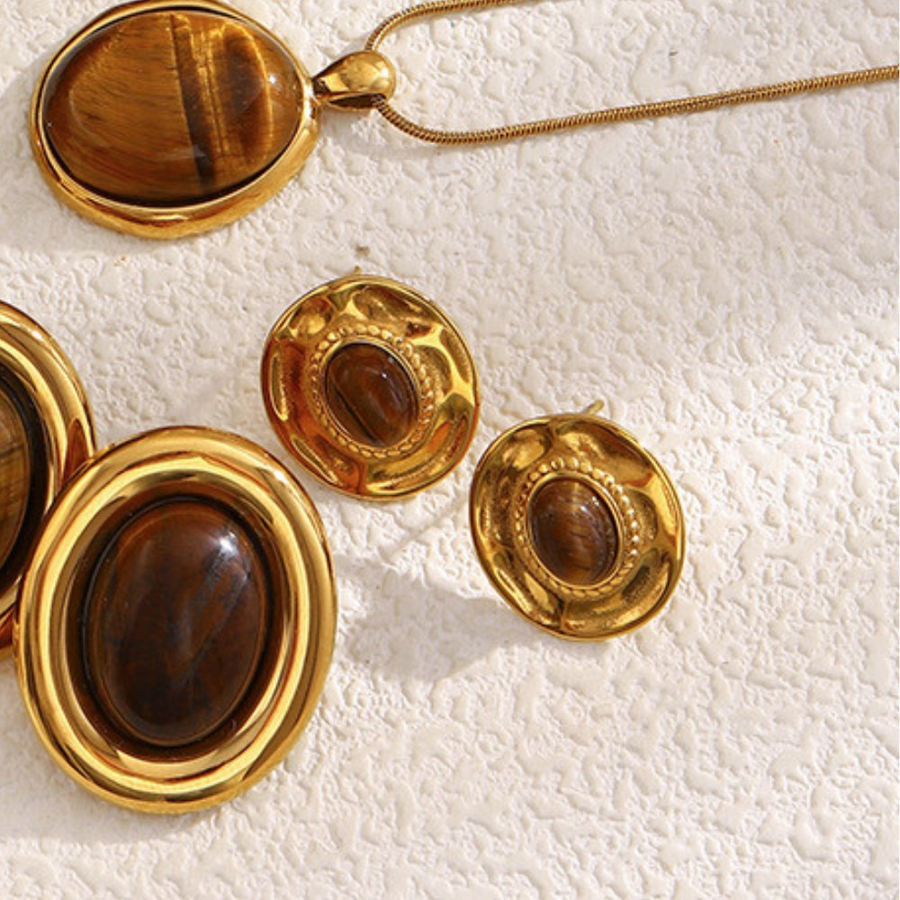 18K gold-plated sculptural disc stud earrings with natural tiger eye oval stone center, vintage-modern luxury jewelry for women, 15.9mm