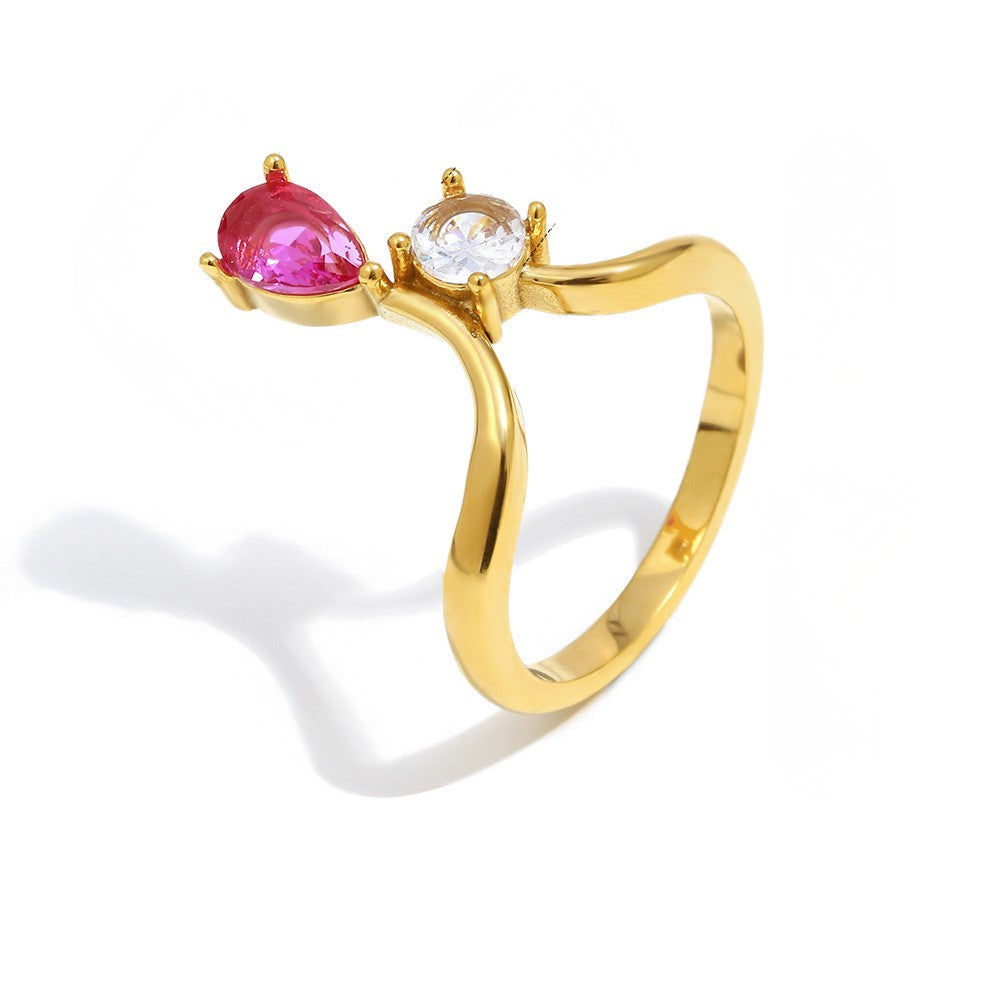 STUD 18K gold-plated stainless steel ring with crown-set pink and clear teardrop zircon stones